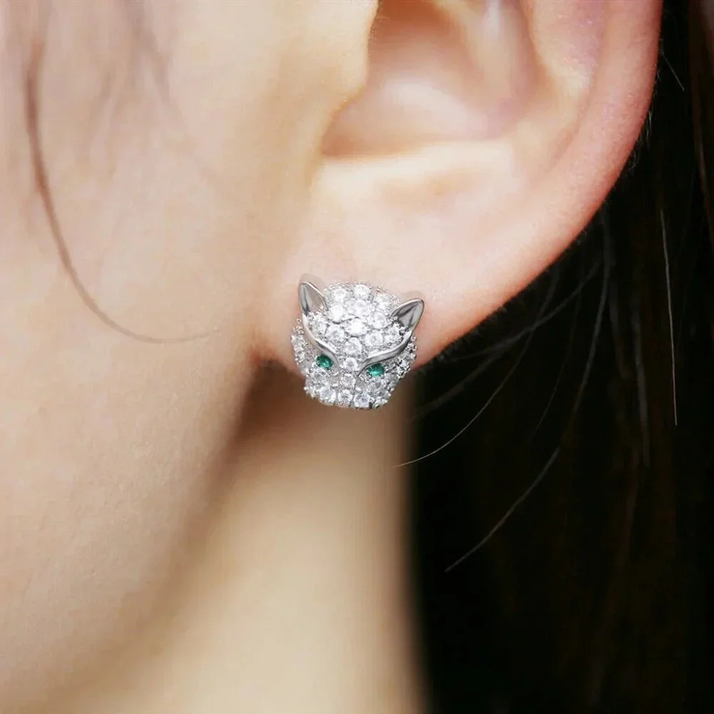 925 Sterling Silver Diamond Leopard Panther Cat Stud Earrings - Picture 5 of 7